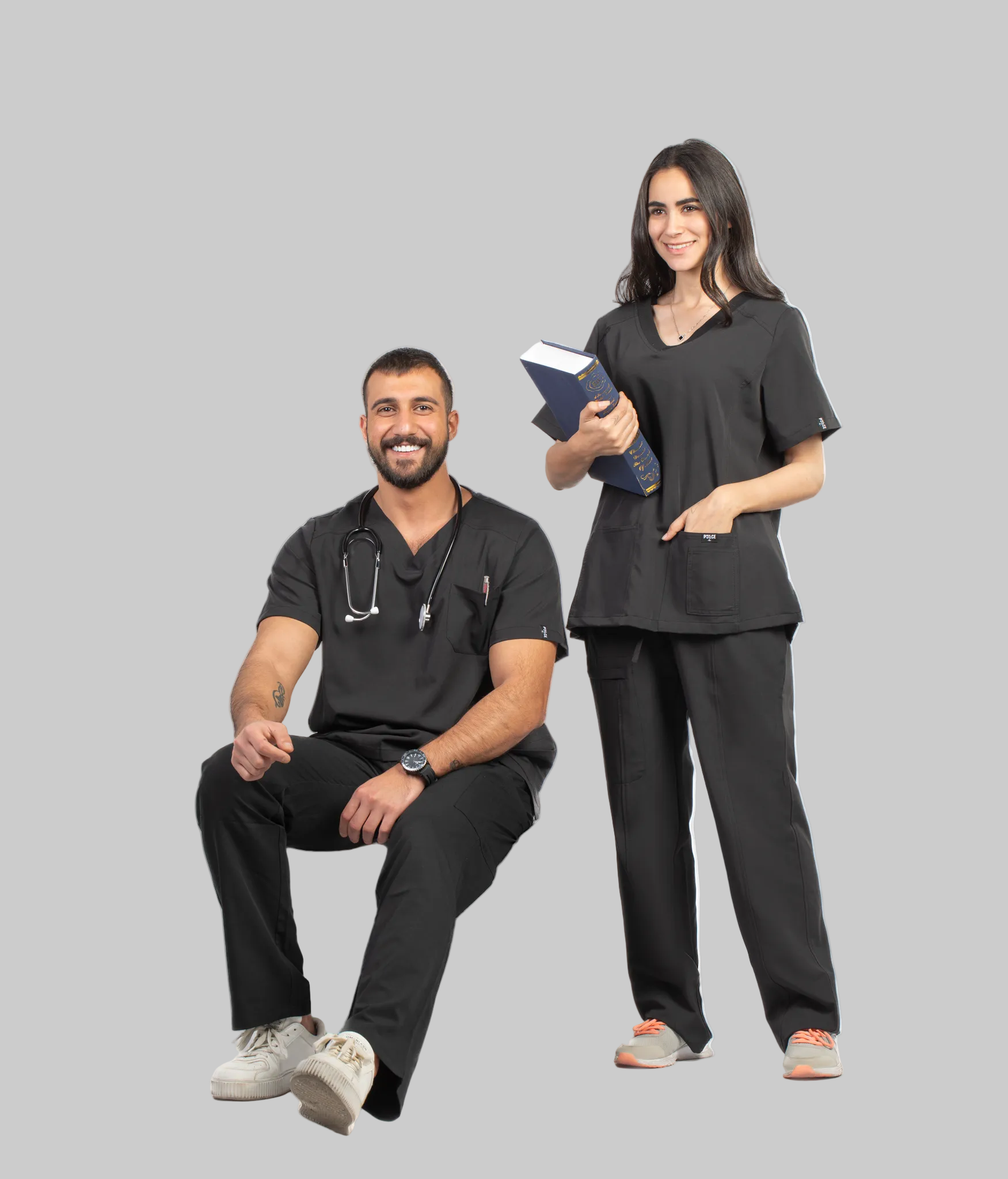 Two healthcare professionals in black scrubs with 'Pulse' branding in the background.