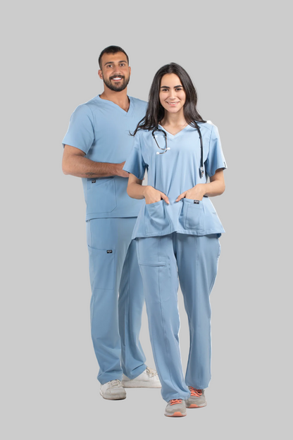 Two healthcare professionals in matching blue scrubs with 'Pulse' branding.